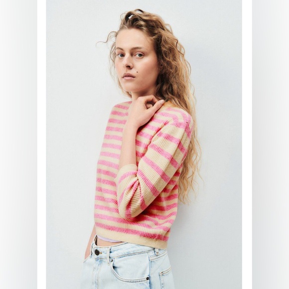 American Vintage Women's jumper Raxow Striped Knit in Pink and Cream - Picture 3 of 10